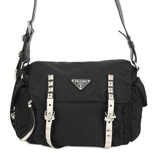 Prada Shoulder Bag Studded Leather Crossbody Black